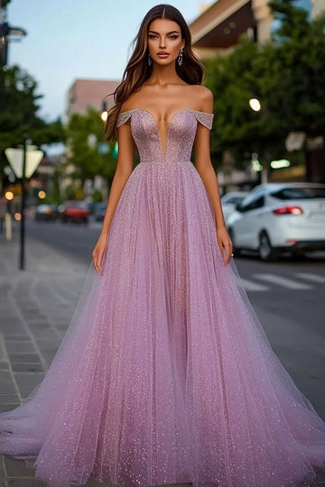 Dusty Rose Glitter Off the Shoulder A-linje lang ballkjole
